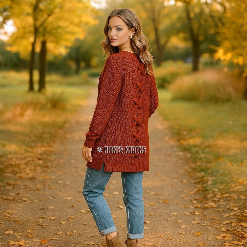 Stitch Fix Lattice Cardigan Rust Orange Chunky Knit Open Front Sweater Size S